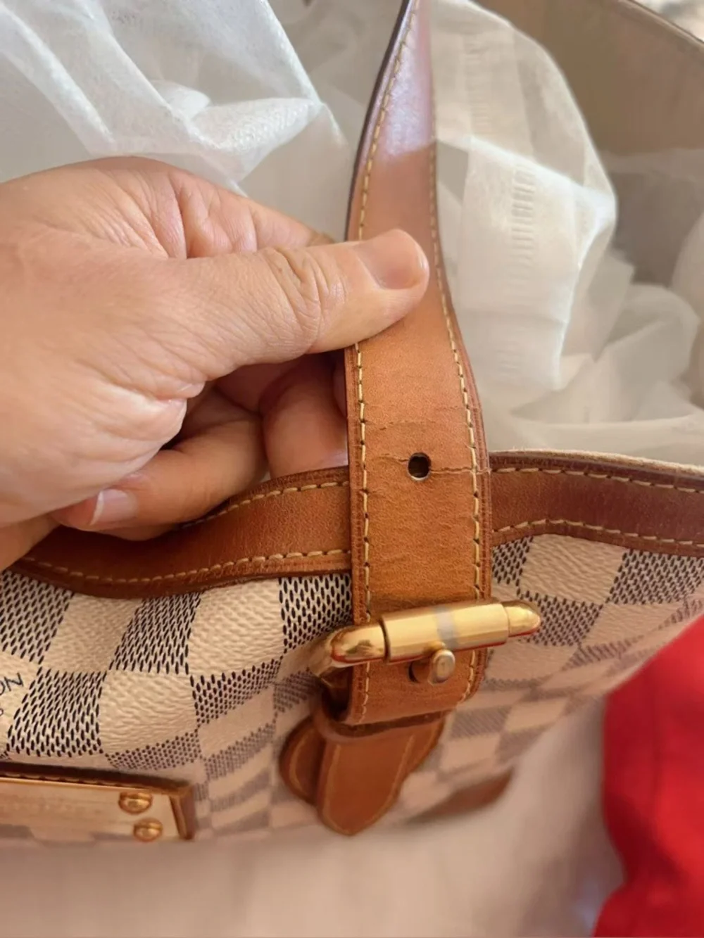 LOUIS VUITTON Damier Azur Hampstead MM Bag  Tote Bag with Tan Trim - Beige/White